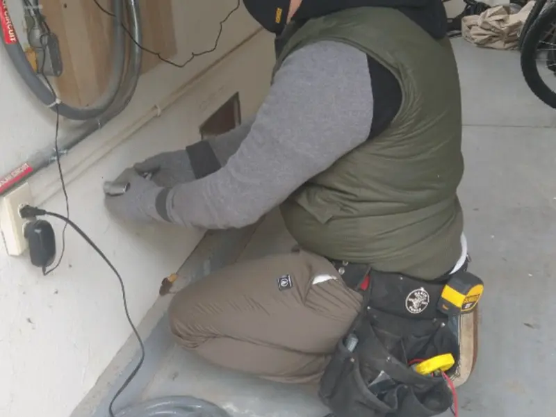 Electrician performing outlet wiring in a Newark garage